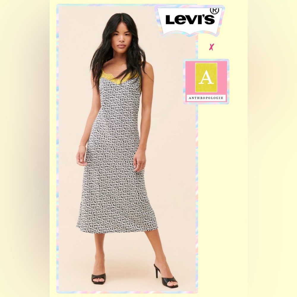 NWT Levi's x Anthro Myah Floral Midi Dress Slip XS Blk/Wht & Yellow Lace accents